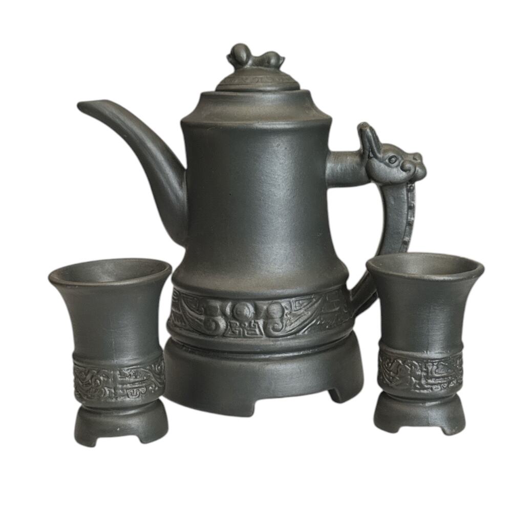 Vintage Black Stoneware Asian Teapot and 2 Cups